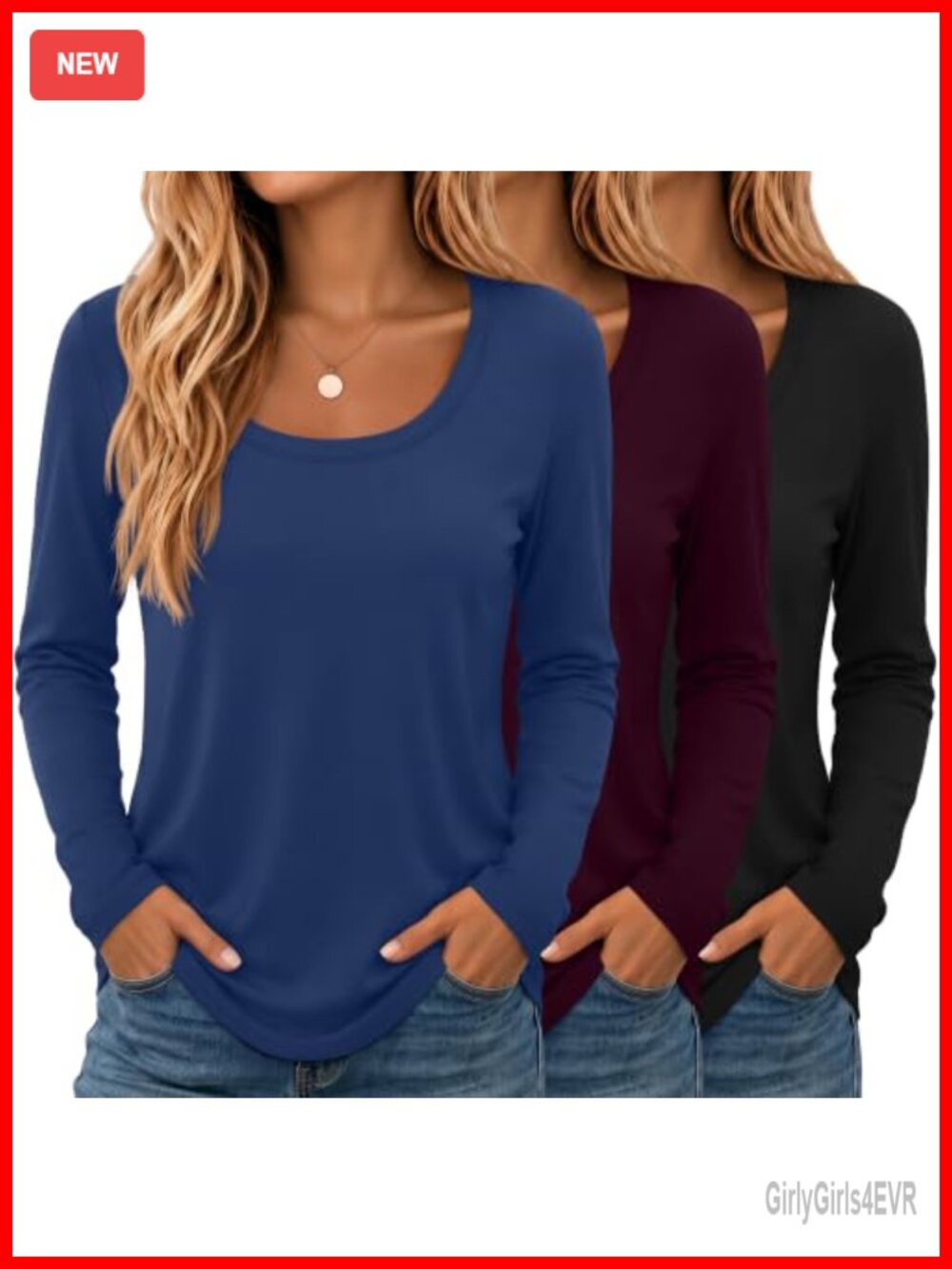 3 Pack Womens Long Sleeve Scoop Neck Tops Casual Loose Fit T-Shirts